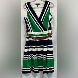 Ralph Lauren White Blue Green Dress with Belt 14 NWTS